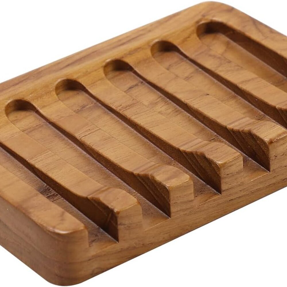 Soap Dish with Slanted Waterfall Design by , Bar Soap Holder Teak Wood, Soap Sav